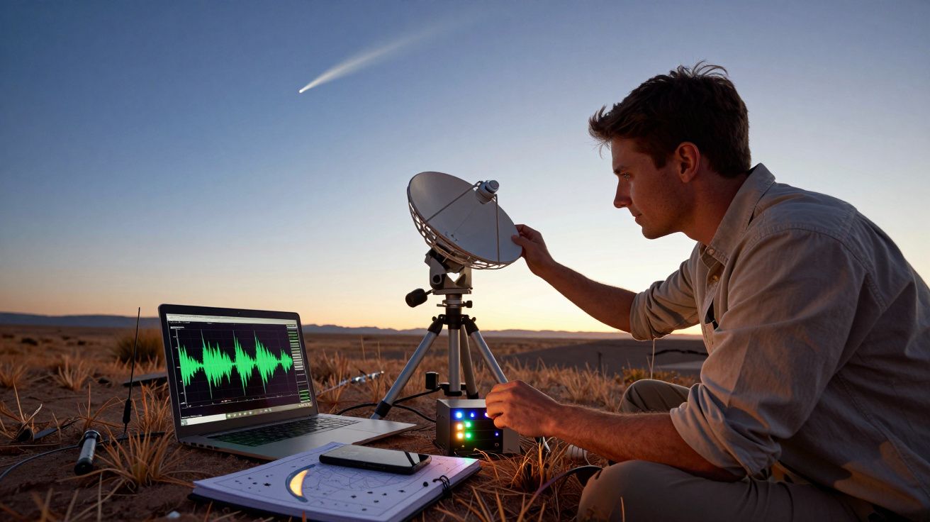 Homem ajusta antena parabólica no deserto ao entardecer, com computador e cometa visível no céu.