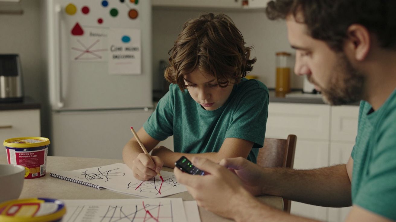 Pai e filho em ambiente de cozinha; o filho desenha num caderno enquanto o pai olha para o telemóvel.