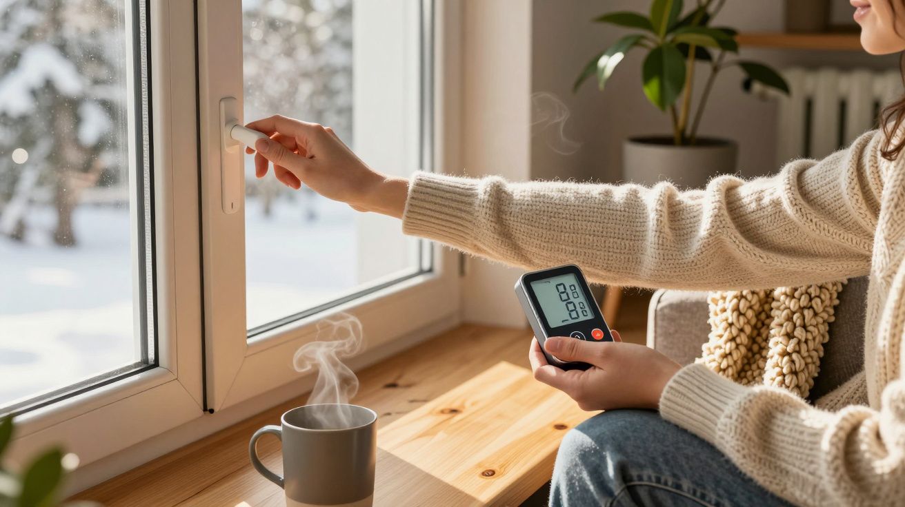Pessoa abre janela enquanto segura um medidor de temperatura, com uma caneca fumegante sobre a mesa.