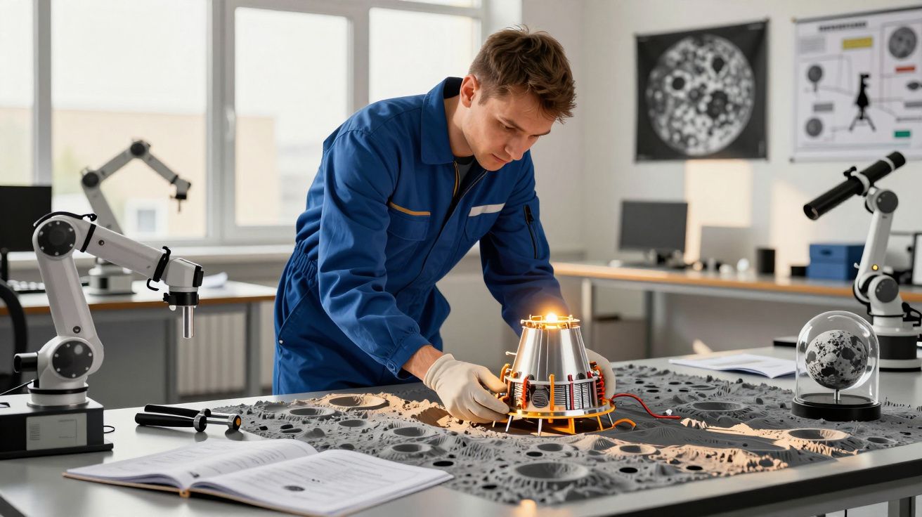 Homem em roupa de trabalho azul, montando um modelo de foguete numa superfície com textura lunar em laboratório.