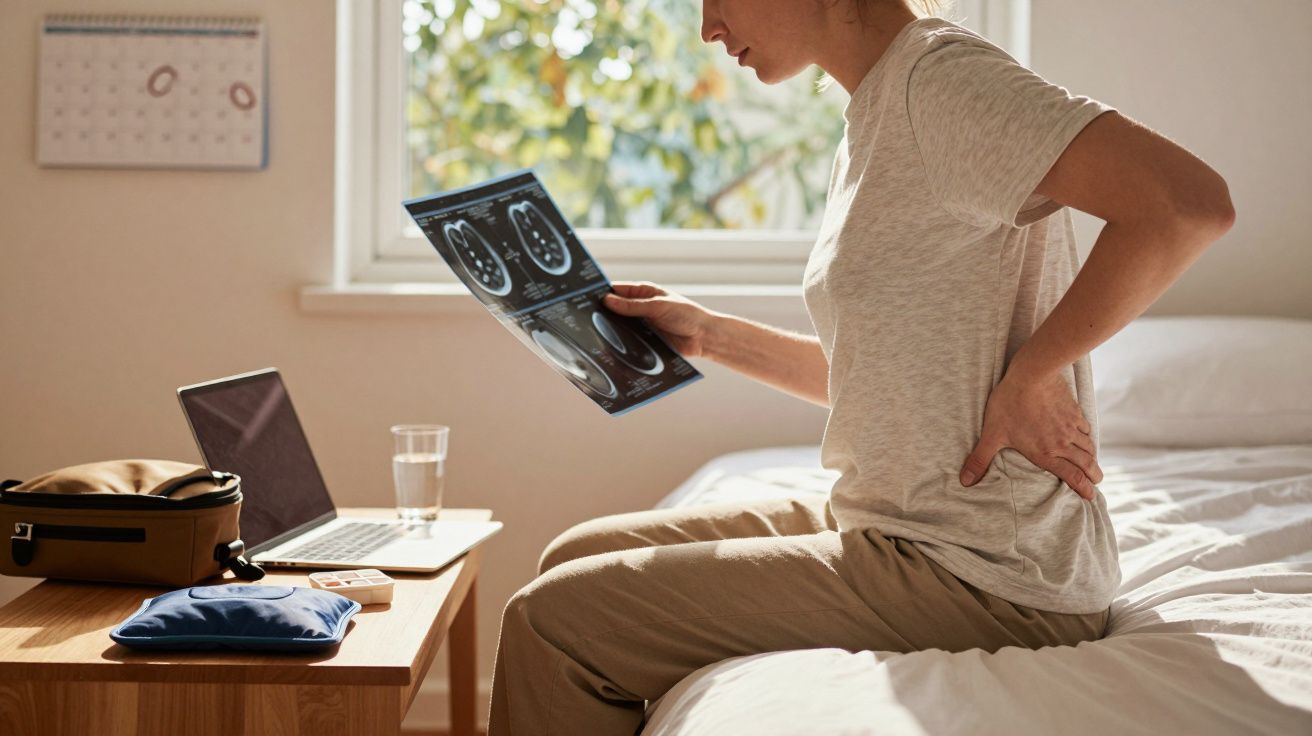 Mulher sentada na cama, segurando radiografia, com a mão nas costas, ao lado de uma mesa com computador portátil.