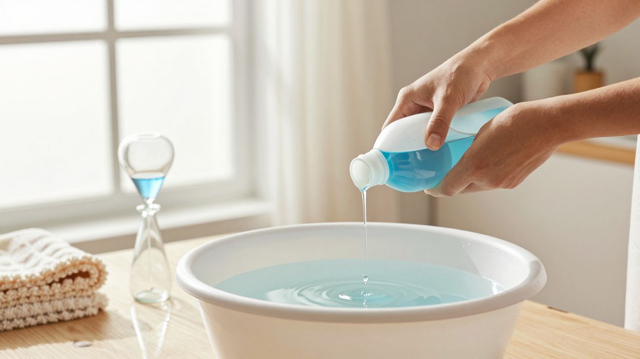 Pessoa a verter líquido azul numa bacia com água, com uma toalha e ampulheta no fundo.