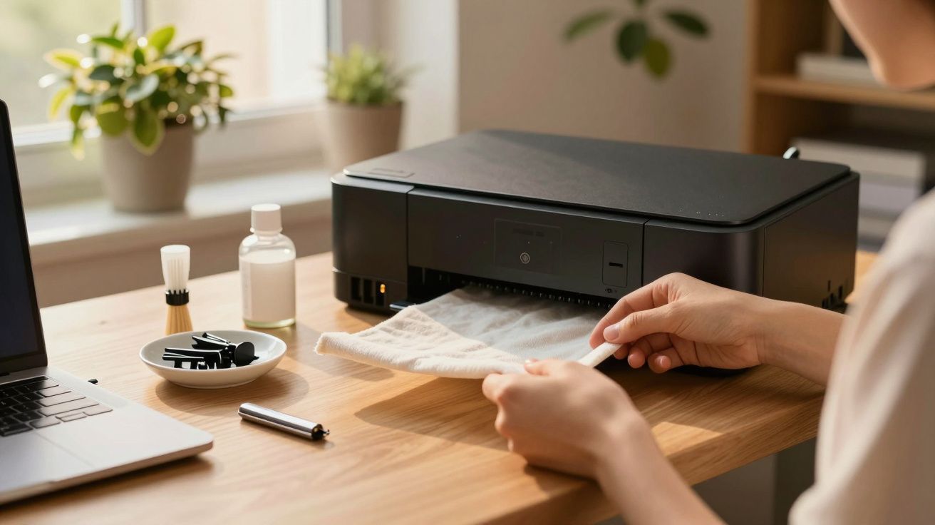 Pessoa a limpar uma impressora preta numa mesa de madeira, com plantas ao fundo e um portátil ao lado.