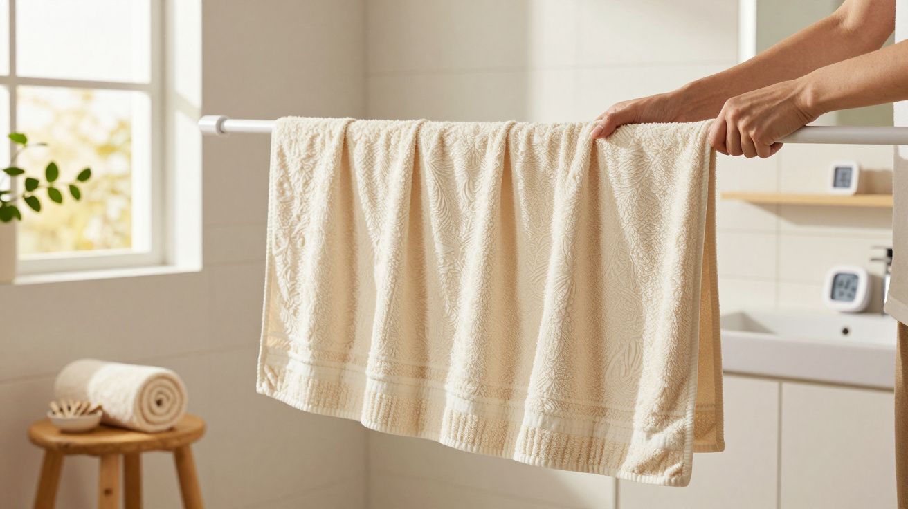 Toalha bege pendurada num varão, mãos ajustando-a. Fundo com janela e planta num banco.