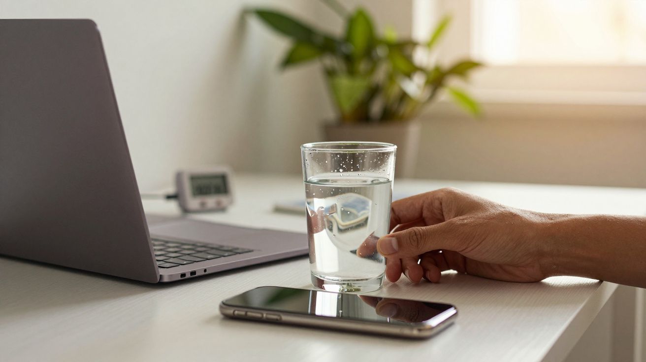 Mão segura copo de água junto a portátil e telemóvel numa mesa branca iluminada por luz natural.