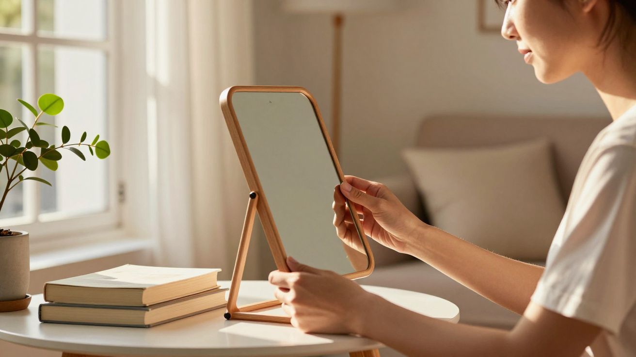 Mulher ajusta um espelho de mesa num ambiente iluminado. Ao lado, há livros e uma planta sobre a mesa.