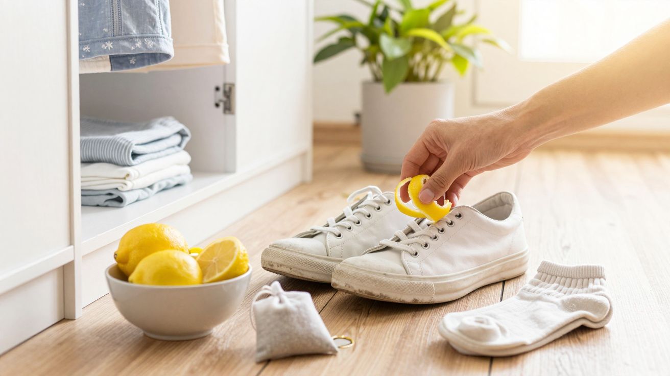 Pessoa coloca casca de limão em ténis brancos no chão junto a meias; roupa dobrada e limões ao lado.