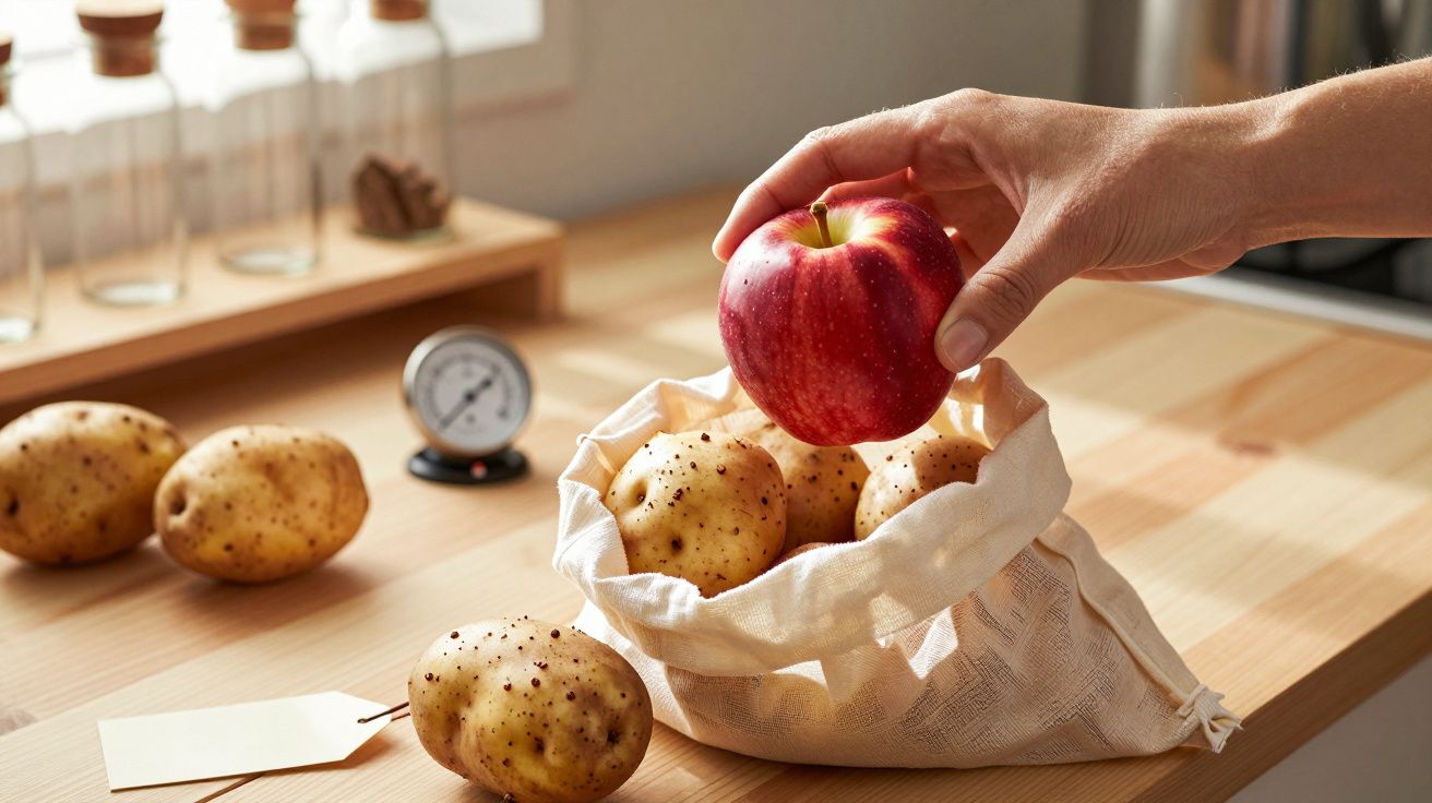 Mão segurando maçã vermelha sobre saco de batatas num balcão de cozinha iluminado.