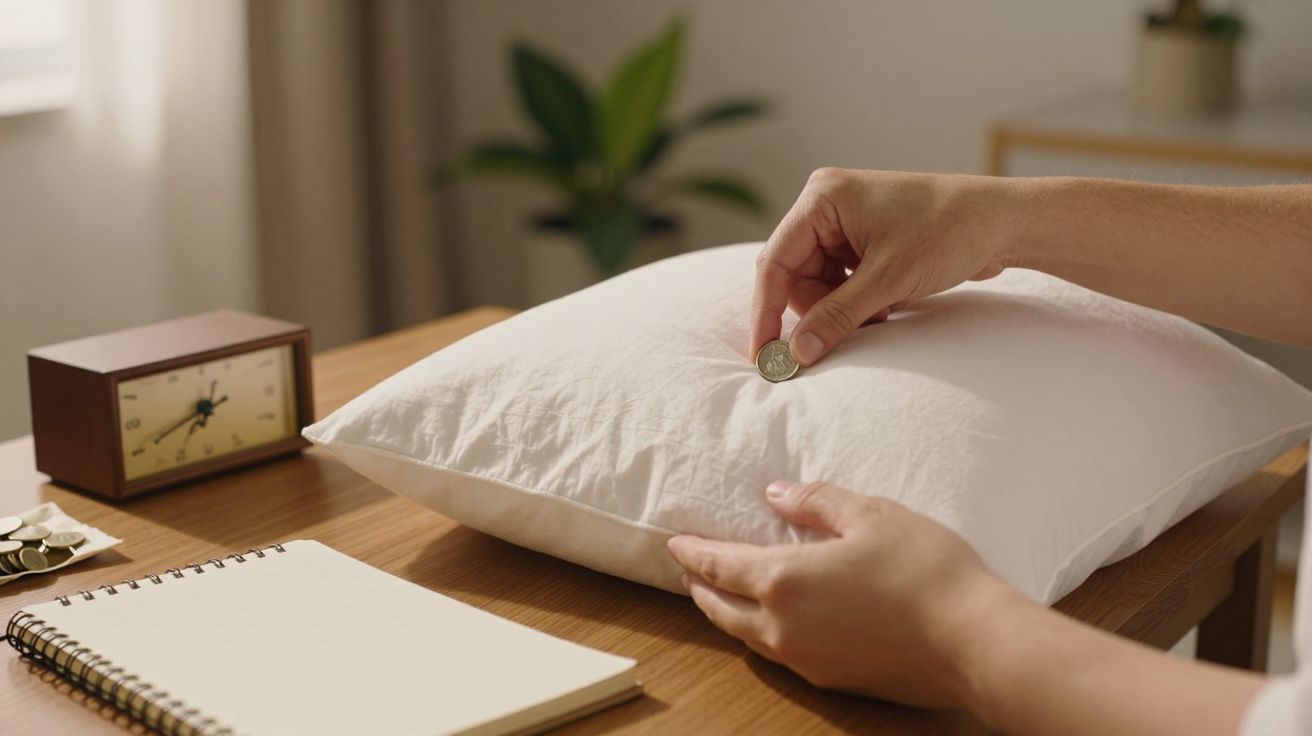 Mão coloca moeda sobre almofada branca numa mesa com bloco de notas e relógio.