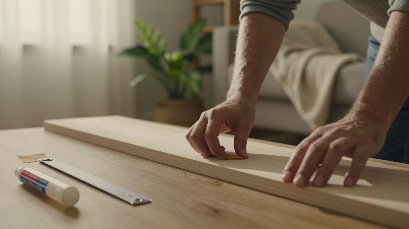 Pessoa lixa uma tábua de madeira sobre uma mesa com régua e cola próximas. Fundo com sofá e planta.