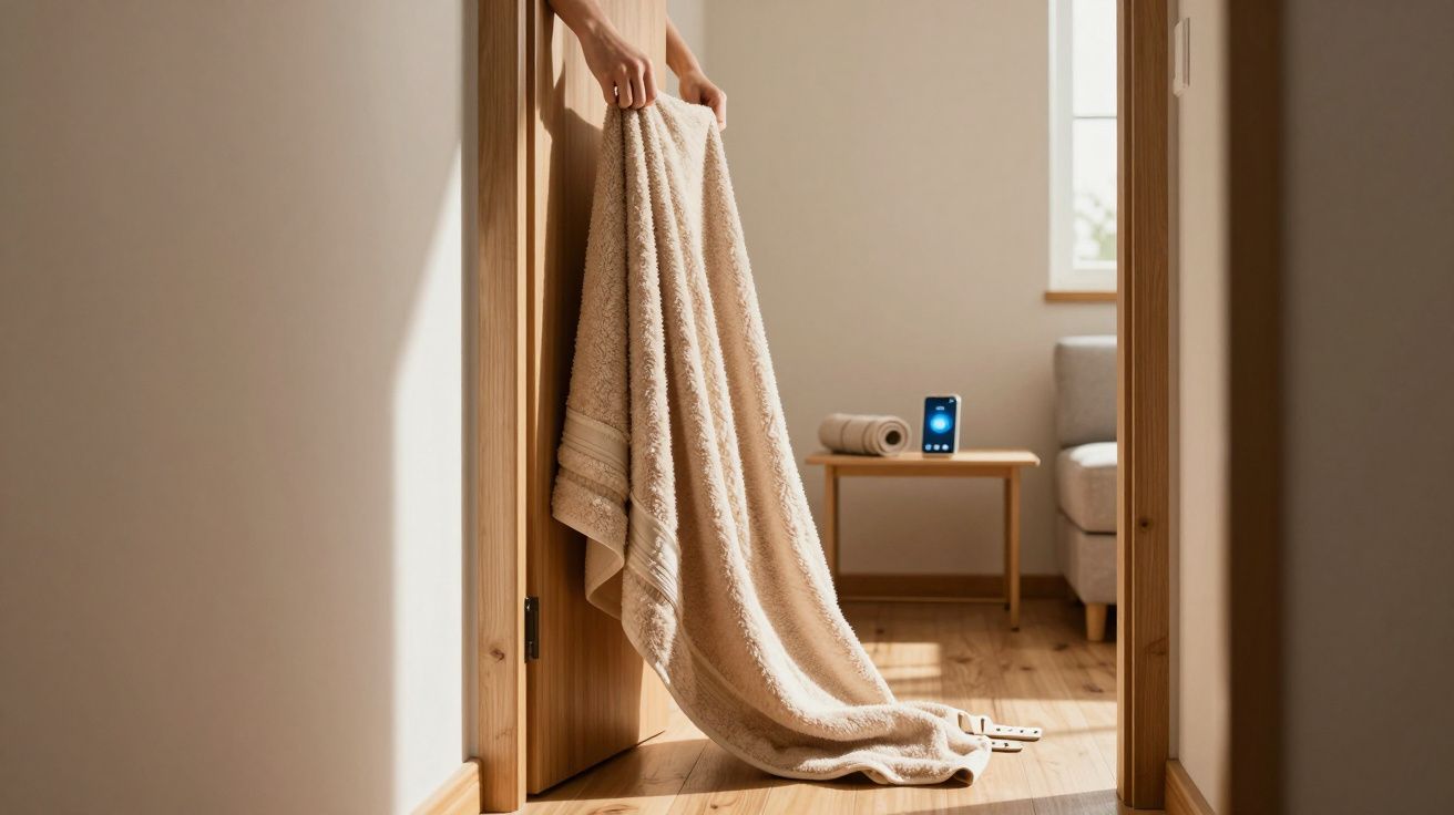 Mãos segurando uma toalha de banho bege numa porta, com mesa lateral ao fundo e telemóvel numa sala iluminada por janela.