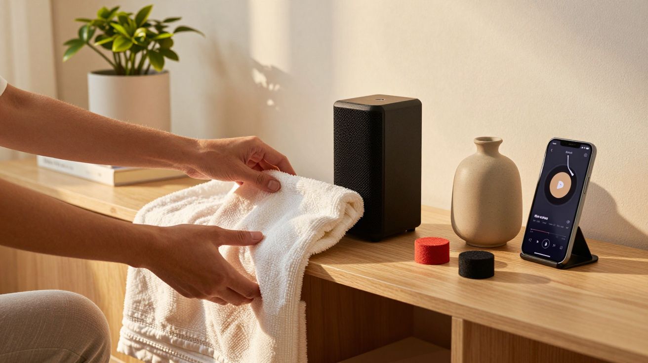 Mãos organizando toalhas num móvel com colunas, vasos decorativos e um telemóvel tocando música.