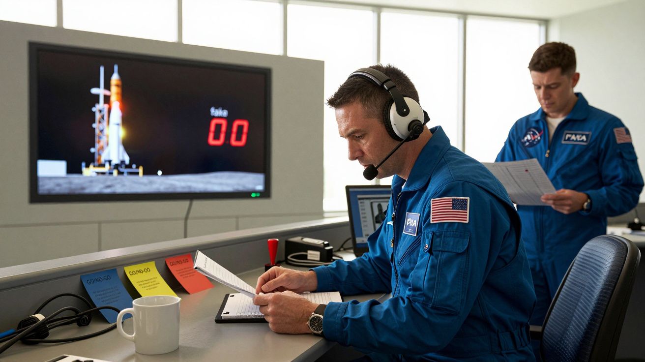 Homem em fato espacial azul com auriculares observa papéis; ao fundo, ecrã com imagem de foguetão.
