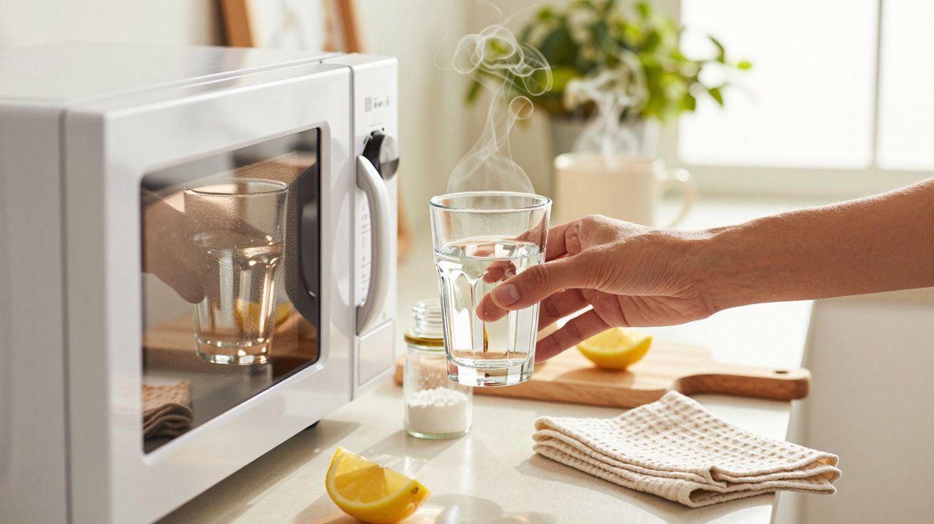 Mão segurando um copo de água quente ao lado de um micro-ondas, com limão e toalha na bancada da cozinha.