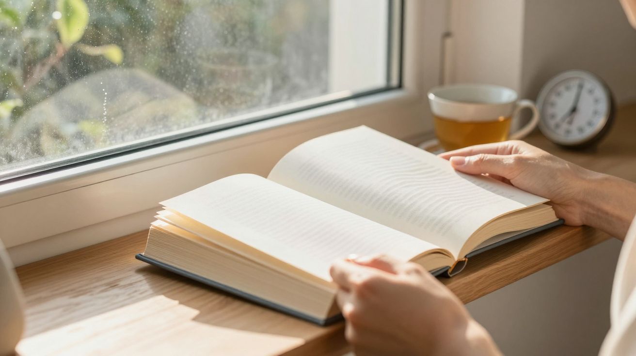 Pessoa lendo livro junto a janela com chá e relógio ao fundo.