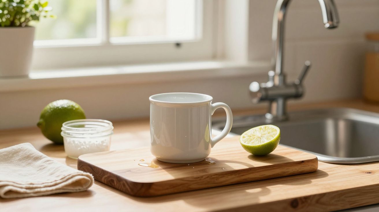 Chávena branca e lima cortada sobre tábua de madeira numa cozinha clara.