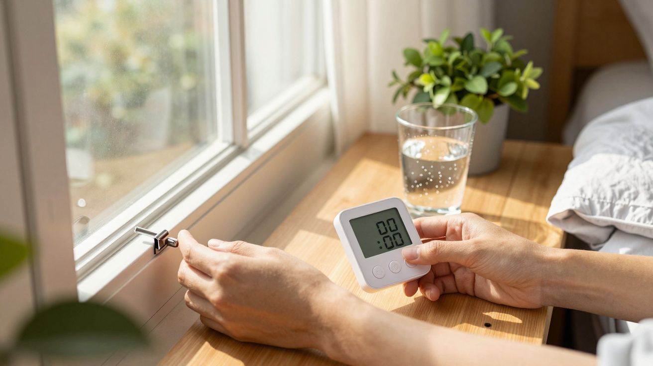 Pessoa ajusta tranca da janela perto de um medidor digital num móvel de madeira com planta e copo de água.
