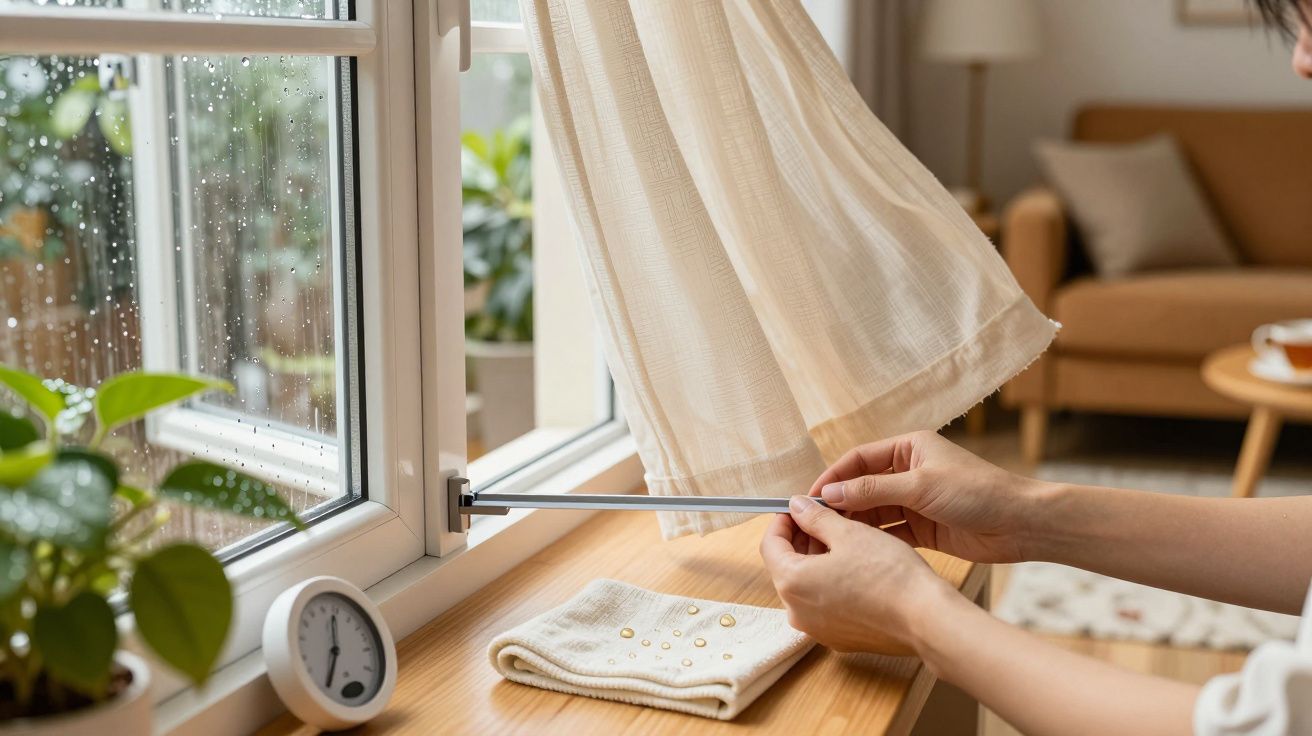 Pessoa ajusta trava numa janela entreaberta, com cortina esvoaçante, plantas ao redor e almofada ao fundo.