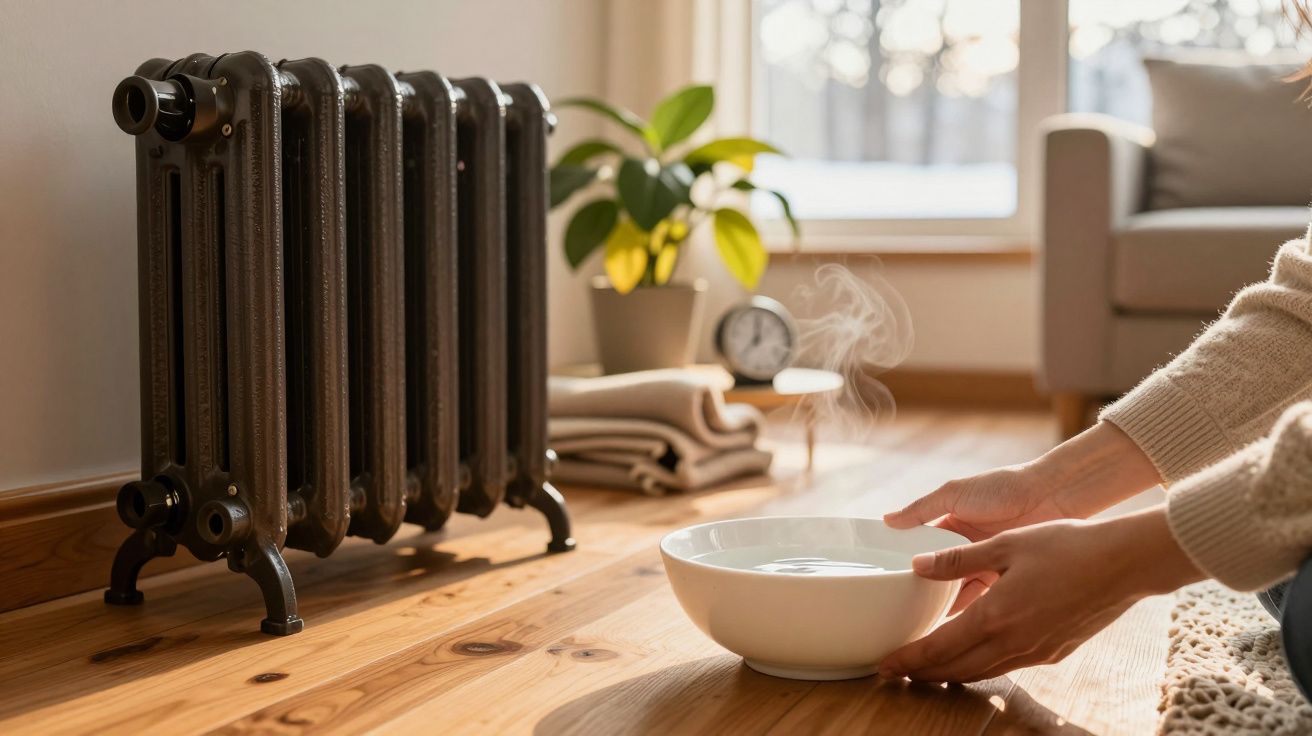 Pessoa segurando uma taça com vapor, perto de um aquecedor em casa, num chão de madeira, com planta ao fundo.