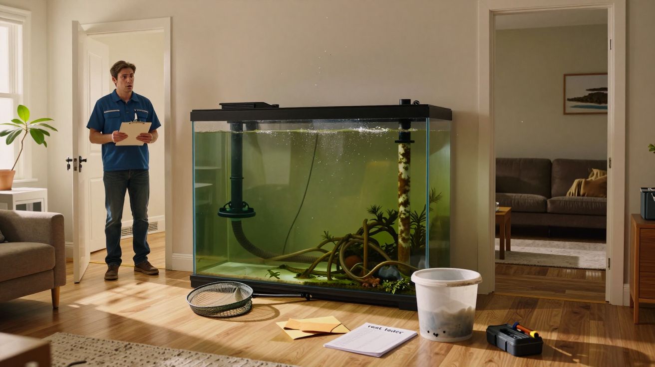 Homem observa um grande aquário num quarto iluminado. Objetos de manutenção de aquário estão no chão.