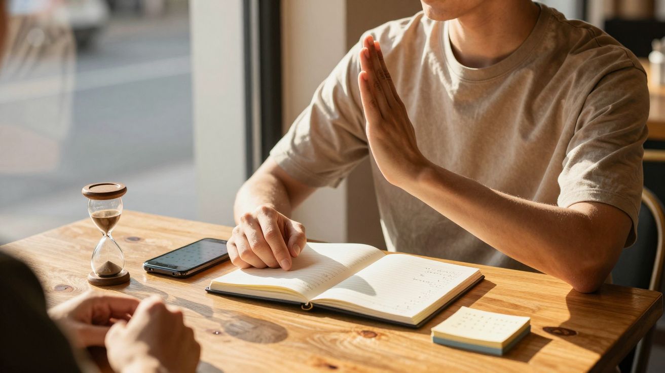 Pessoa gesticula enquanto lê um caderno numa mesa com um telemóvel, ampulheta e notas.