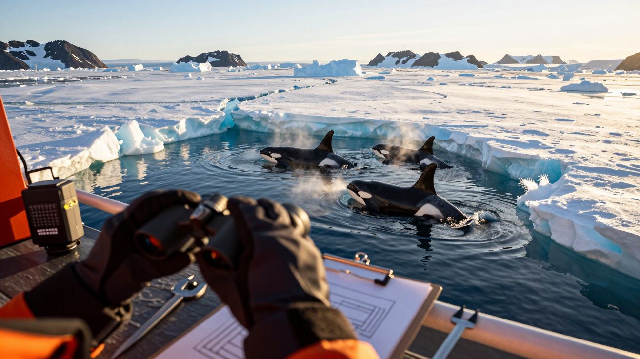 Pessoa observa orcas nadando entre icebergs no Ártico, segurando binóculos em barco.