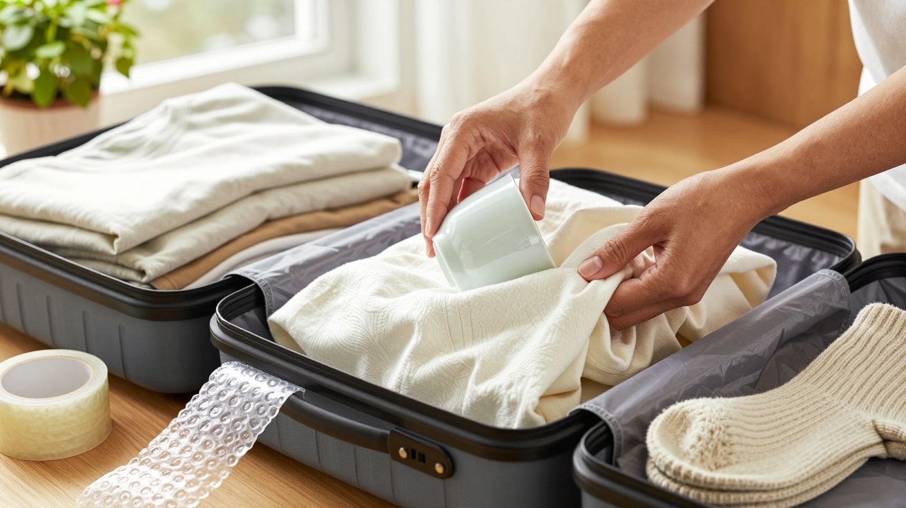 Pessoa a arrumar uma chávena numa mala com roupas e fita adesiva, processando cuidadosamente o embrulho com materiais macios.
