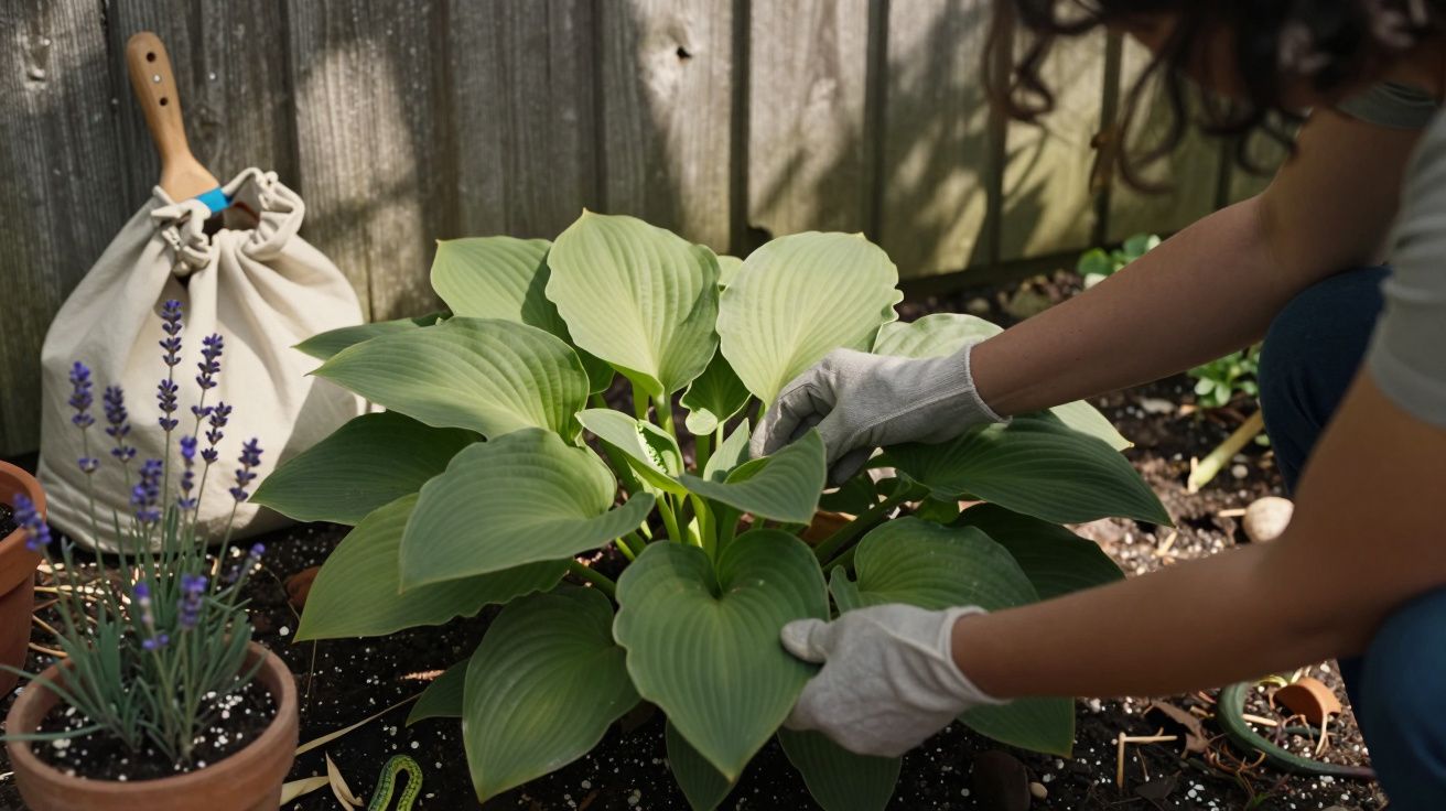 Pessoa com luvas a cuidar de uma planta no jardim, com vasos e ferramentas ao redor.