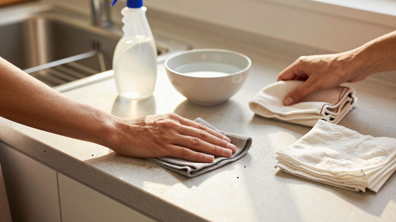 Duas mãos limpam uma bancada de cozinha com panos, taça e spray ao fundo.