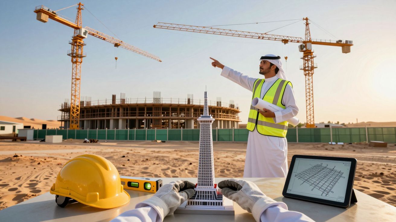 Homem de construção aponta para edifício em construção no deserto, com capacete e maquete em primeiro plano.