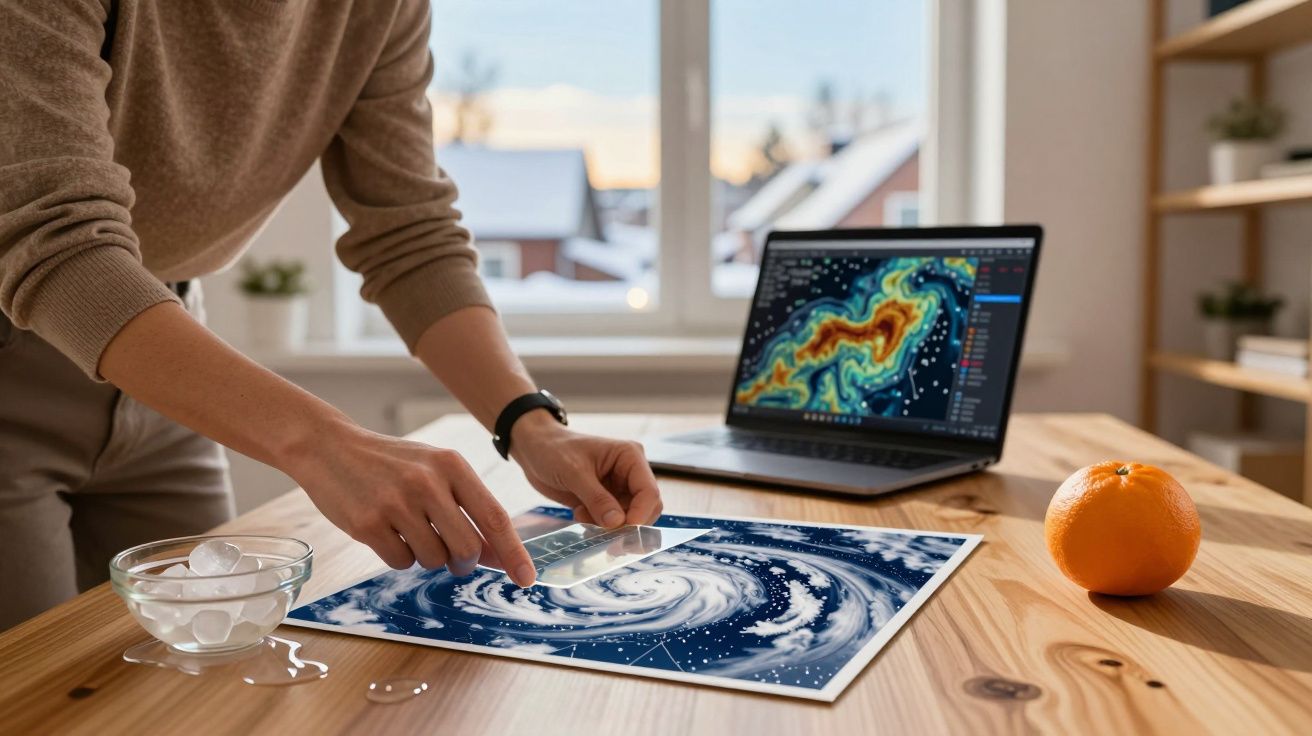 Pessoa analisando imagem de ciclone em mesa de madeira. Computador com mapa meteorológico ao fundo, laranja e cubos de gelo p