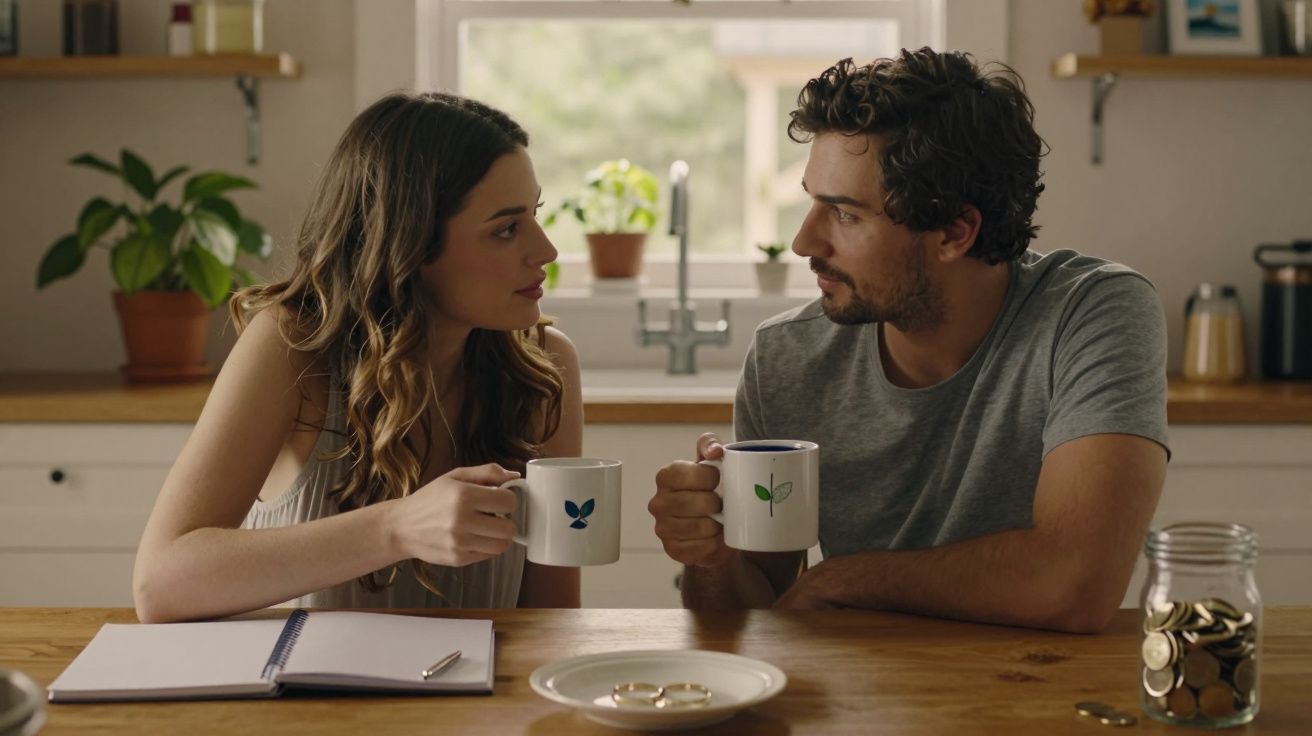 Casal sentado à mesa, segurando canecas e olhando-se nos olhos, com notebook e jarra de moedas sobre a mesa.