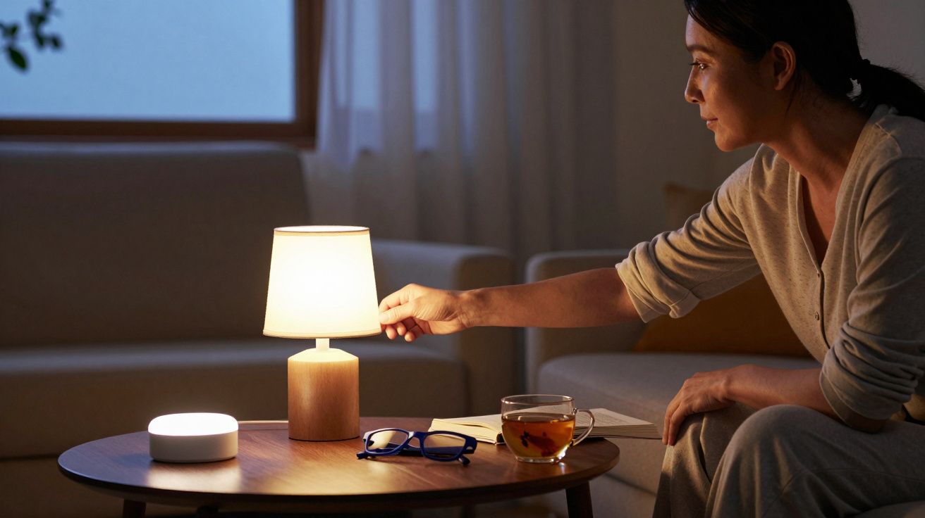 Mulher acende uma lâmpada em mesa de sala, com chá e óculos ao lado.