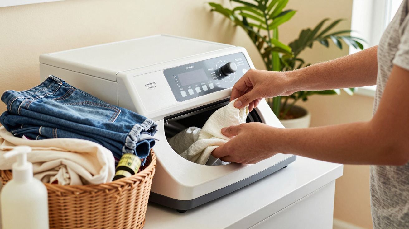 Pessoa coloca roupa numa máquina de lavar roupas, com um cesto cheio ao lado.