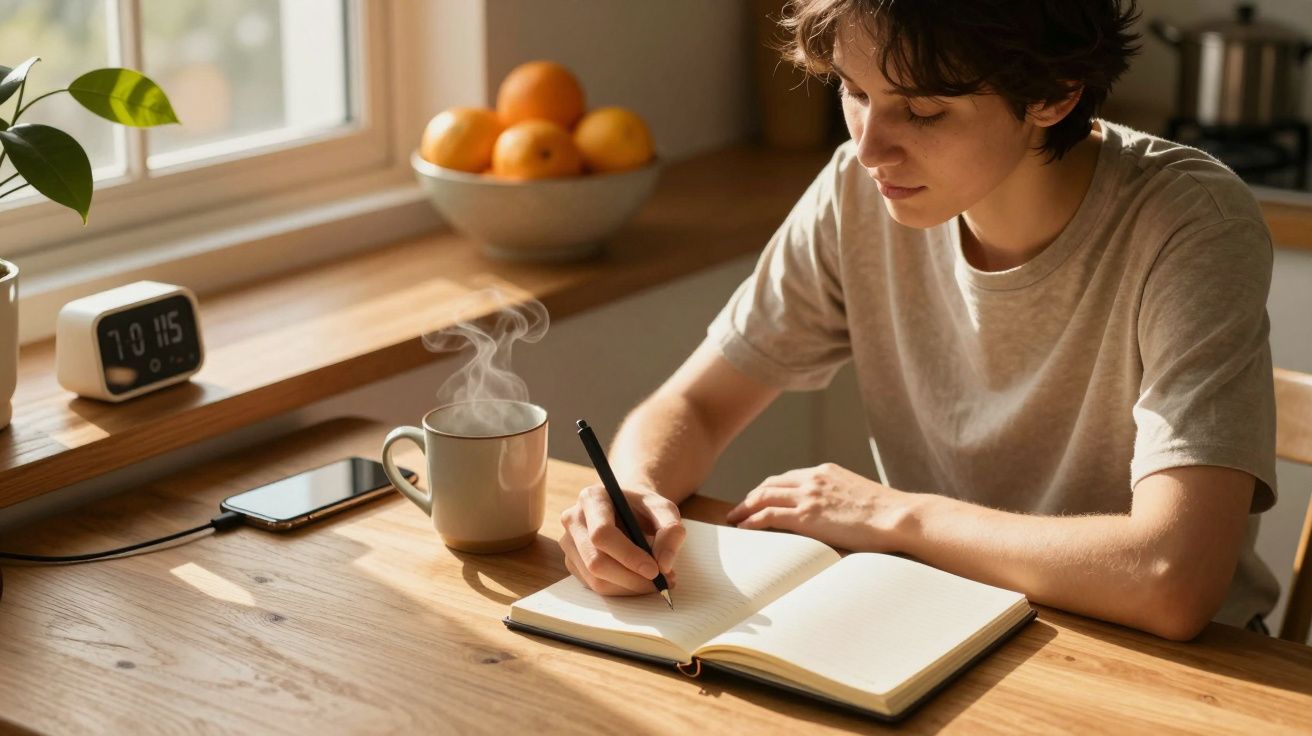 Pessoa a escrever num caderno, sentada numa mesa de madeira, com um copo de chá fumegante, fruta e relógio ao fundo.
