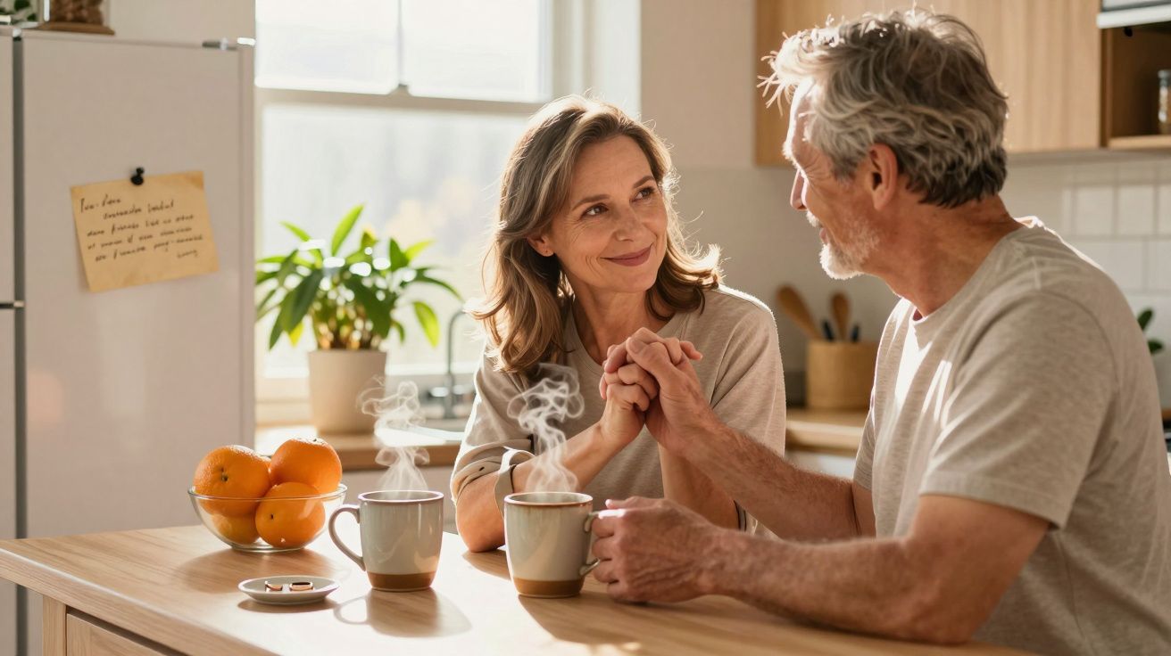 Casal maduro sentado à mesa da cozinha, segurando as mãos e sorrindo, com canecas de café e laranjas ao fundo.