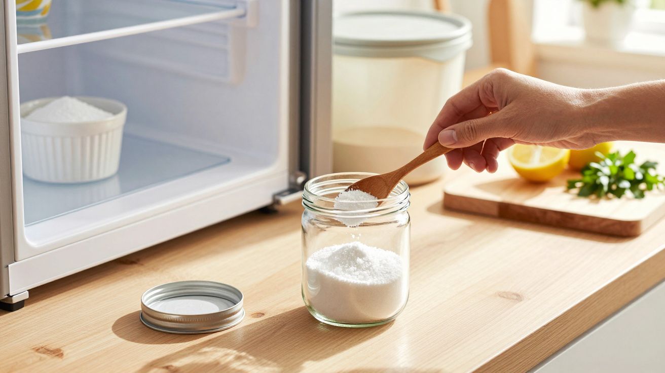 Mão segurando colher de madeira com sal ou açúcar sobre frasco de vidro num balcão de cozinha ensolarado.