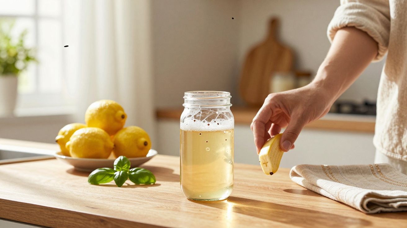 Mão adiciona limão a um frasco de chá em bancada de madeira, com limões e manjericão ao fundo em cozinha clara.