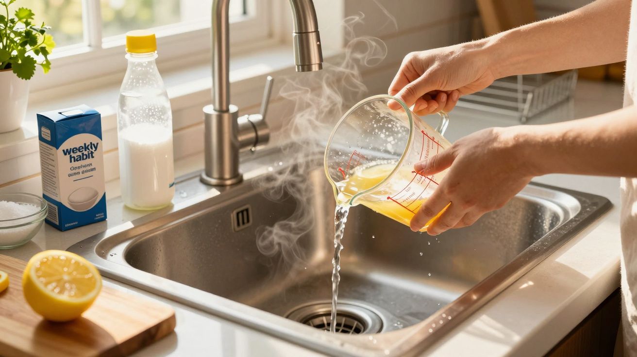 Pessoa despeja líquido quente no lava-loiça, rodeada por ingredientes de cozinha e luz natural.