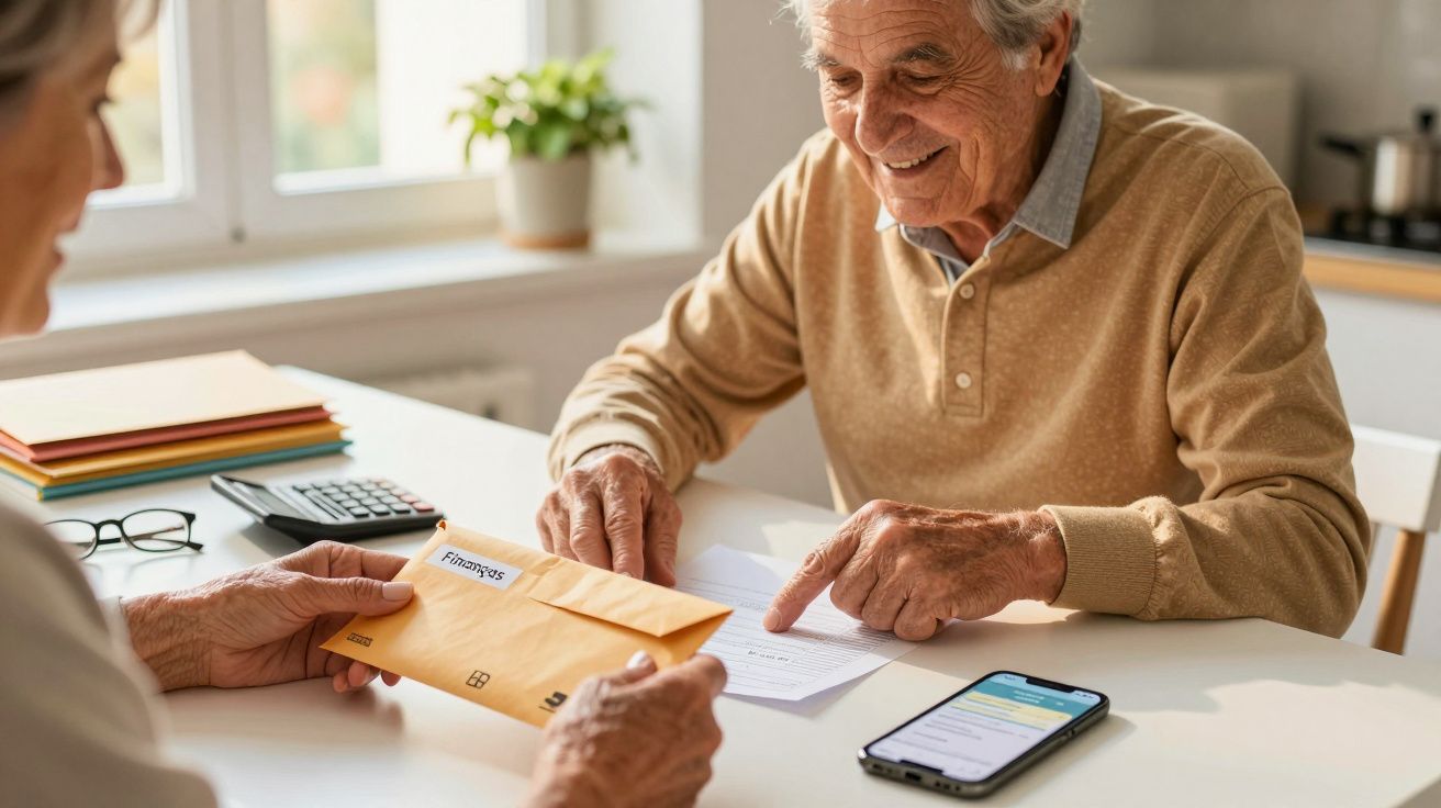 Idosos analisam documentos financeiros na cozinha, com um envelope amarelo, calculadora e telemóvel sobre a mesa.