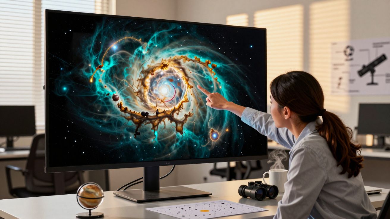 Mulher aponta para ecrã com imagem de galáxia em escritório iluminado, com binóculos e papel na secretária.
