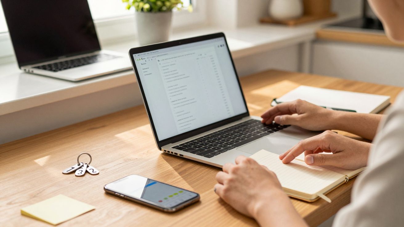 Pessoa escreve em caderno ao lado de um portátil, telemóvel e chaves sobre uma mesa de madeira iluminada pelo sol.