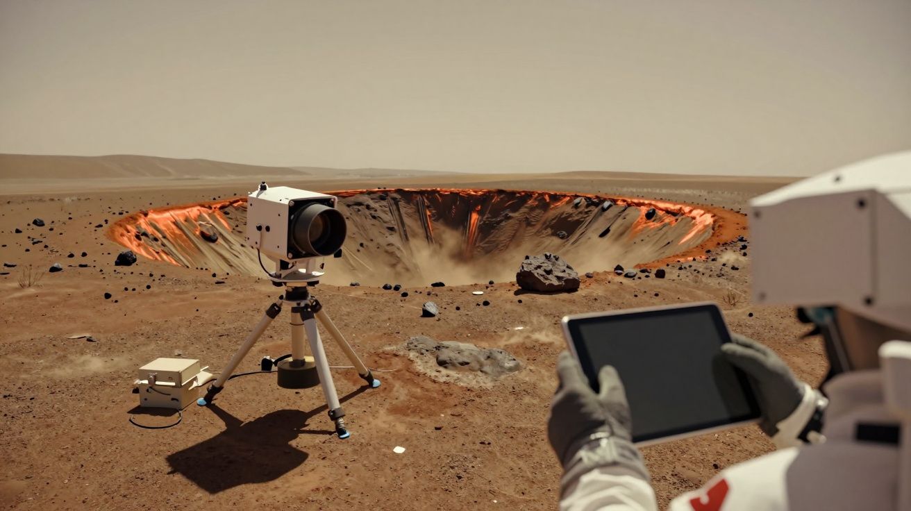 Astronauta num solo marciano usa tablet, ao lado de tripé, observando uma cratera com bordas incandescentes.