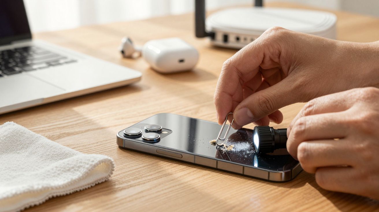 Mãos limpando pó de um smartphone com clipe e lanterna sobre mesa de madeira ao lado de um portátil e fones sem fio.