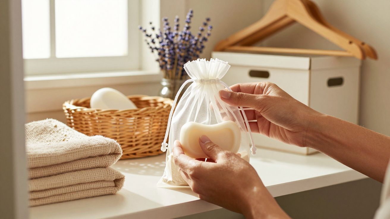 Mãos segurando uma embalagem de rede com sabonete em forma de coração, toalhas dobradas e lavanda ao fundo.