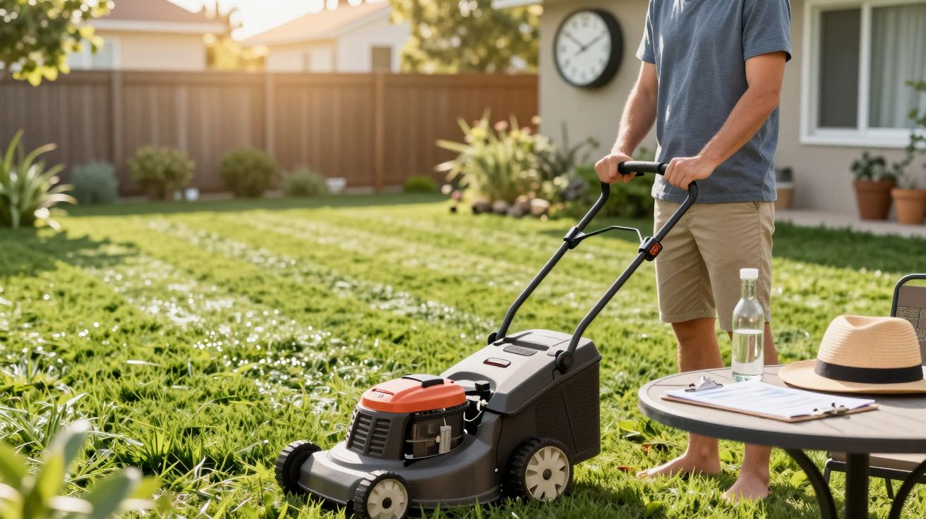Homem corta relva no jardim durante o dia, ao lado de mesa com água e chapéu. Casa e relógio ao fundo.