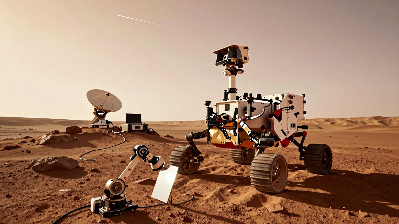 Rover em Marte numa paisagem desértica, com braço robótico estendido, antena parabólica ao fundo e céu castanho.