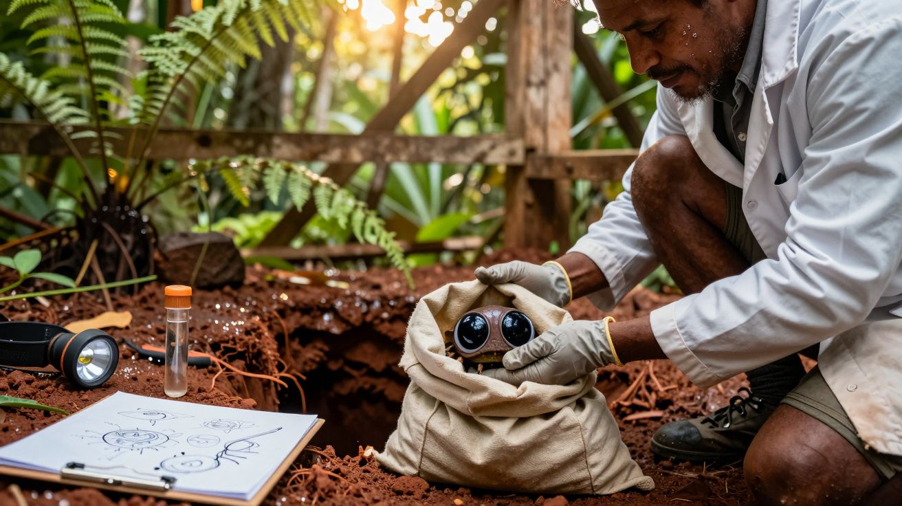 Cientista examina objeto em saco perto de escavação, rodeado por plantas, caderno e equipamento de pesquisa.