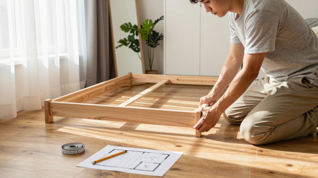 Homem a montar estrutura de madeira no chão, com fita métrica e folha com plano ao lado.