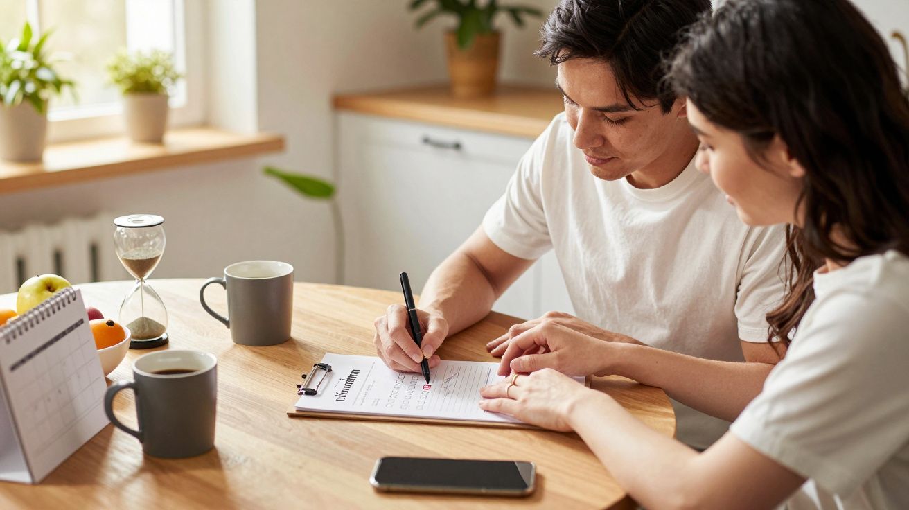 Casal sentado à mesa revendo um documento, cercado por café, frutas e um calendário.